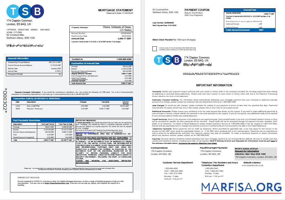 Printable United Kingdom TSB bank mortgage statement in Word and PDF formats 1 2 download for verification